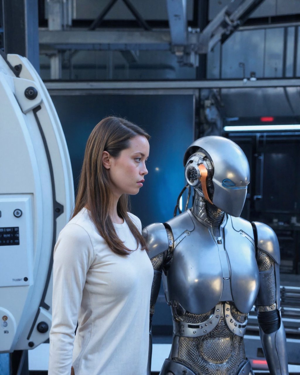 This is a photograph of summer_glau standing next to a humanoid robot in what appears to be a futuristic,  sterile environ...