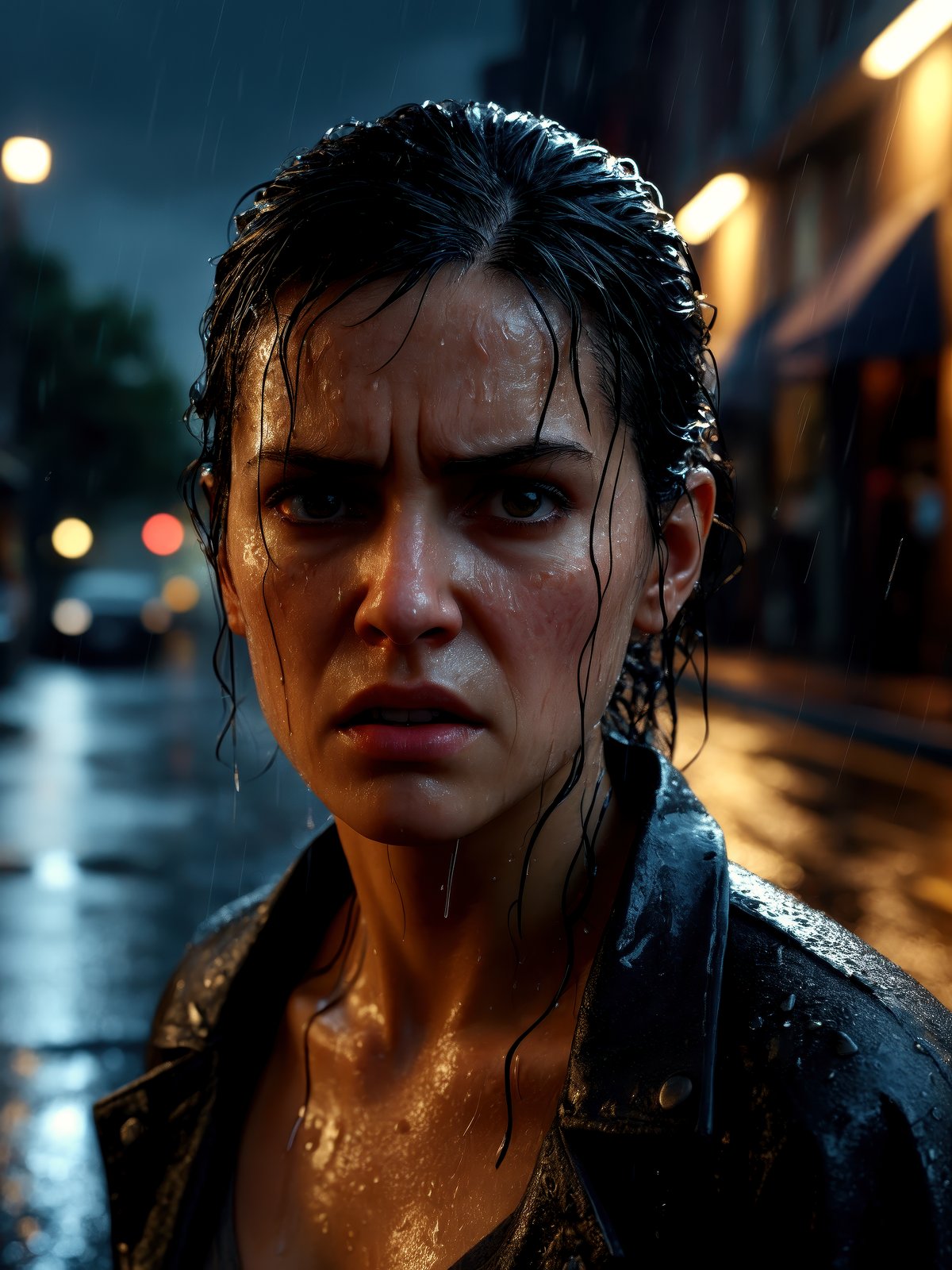 (dynamic angle:1.1), dark sky, (nighttime:1.2), (rainy weather:1.2), photo of angry woman in the street, looking to the side, (wet hair), volumetric light, masterpiece, 8k, (best quality:1.3), (intricate details:1.1), subsurface scattering, ultrarealistic