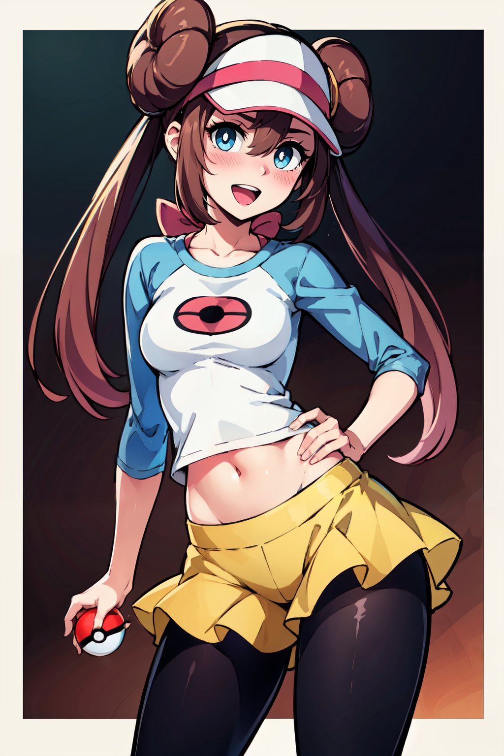 ((masterpiece,best quality)), absurdres,   <lora:Rosa_v5:0.7>,   zzRosa, poke ball \(basic\), open mouth, holding poke ball, :d, black pantyhose, raglan sleeves, yellow shorts, navel, hand on hip, shirt, blush, short shorts, white pupils, looking at viewer, tongue, legwear under shorts, border, hair between eyes, poke ball print, very long hair