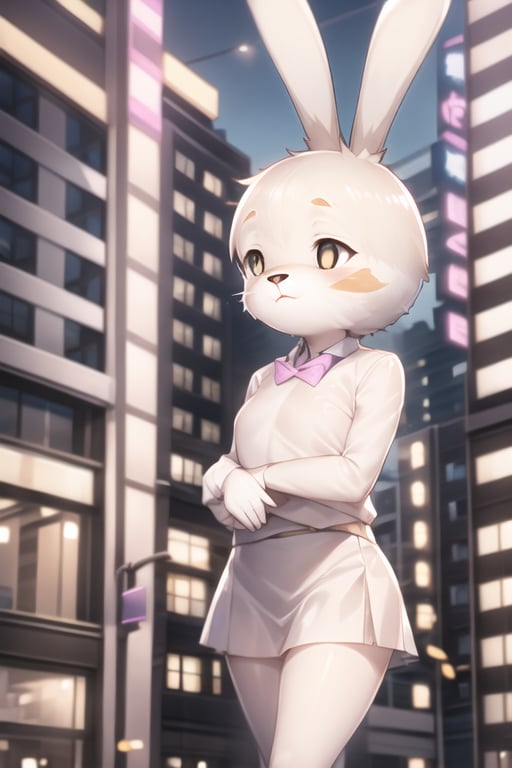 tsidoki, white eyes, rabbit ears, body fur, pink bowtie, white shirt, white skirt, , standing, city <lora:Doki-v2:1>