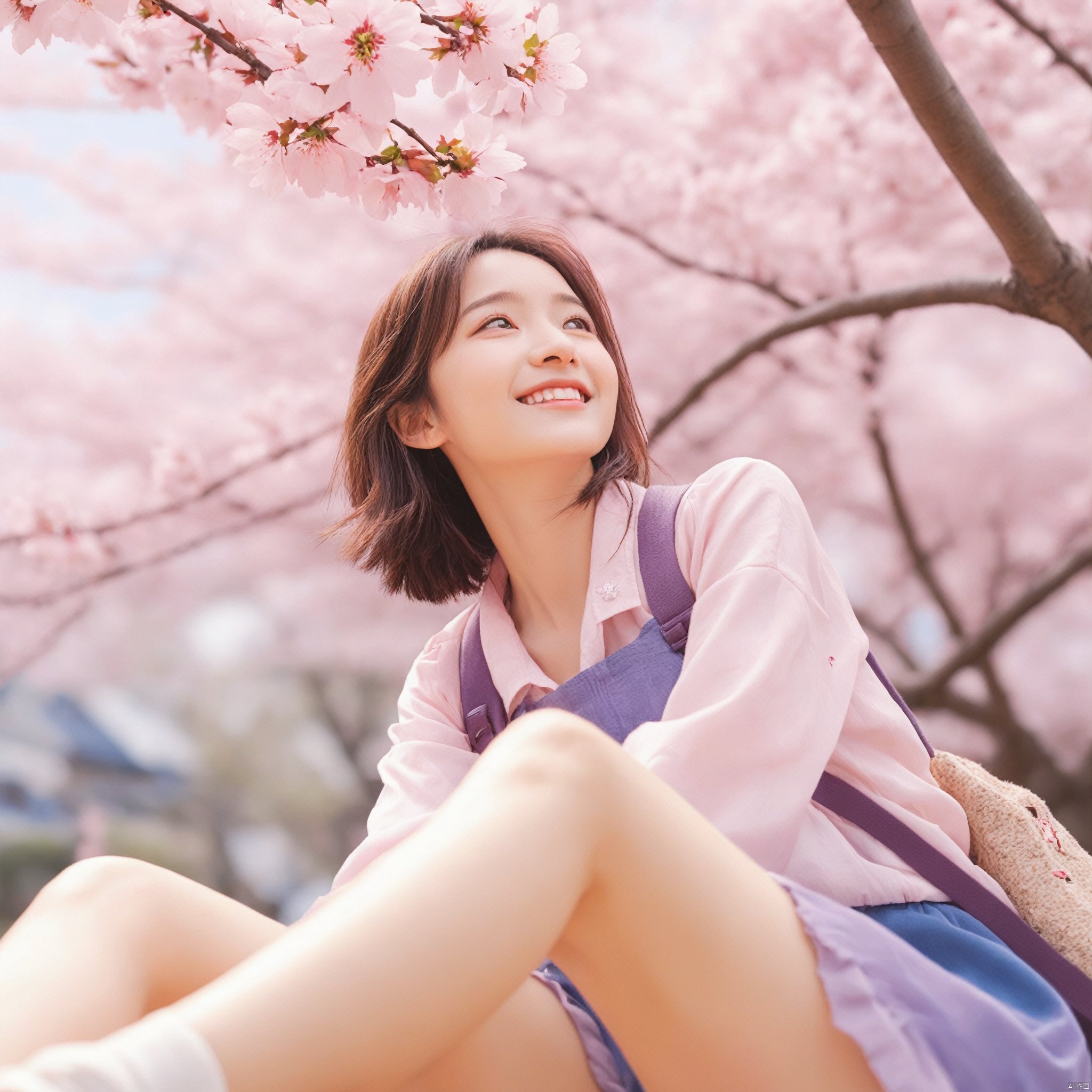 ((masterpiece, best quality)),girl, solo, looking at viewer, blush, smile, 1girl,[sitting under the sakura tree,knee up], (from below,wide shot,mid shot,full body,panorama,depth of field),(looking up),(pink petals,tyndall effect,English text) （（game cg style））,(masterpiece),(best quality),illustration,ultra detailed,hdr,Depth of field,(colorful)nes, purple theme, watercolor \(medium\), mahiro