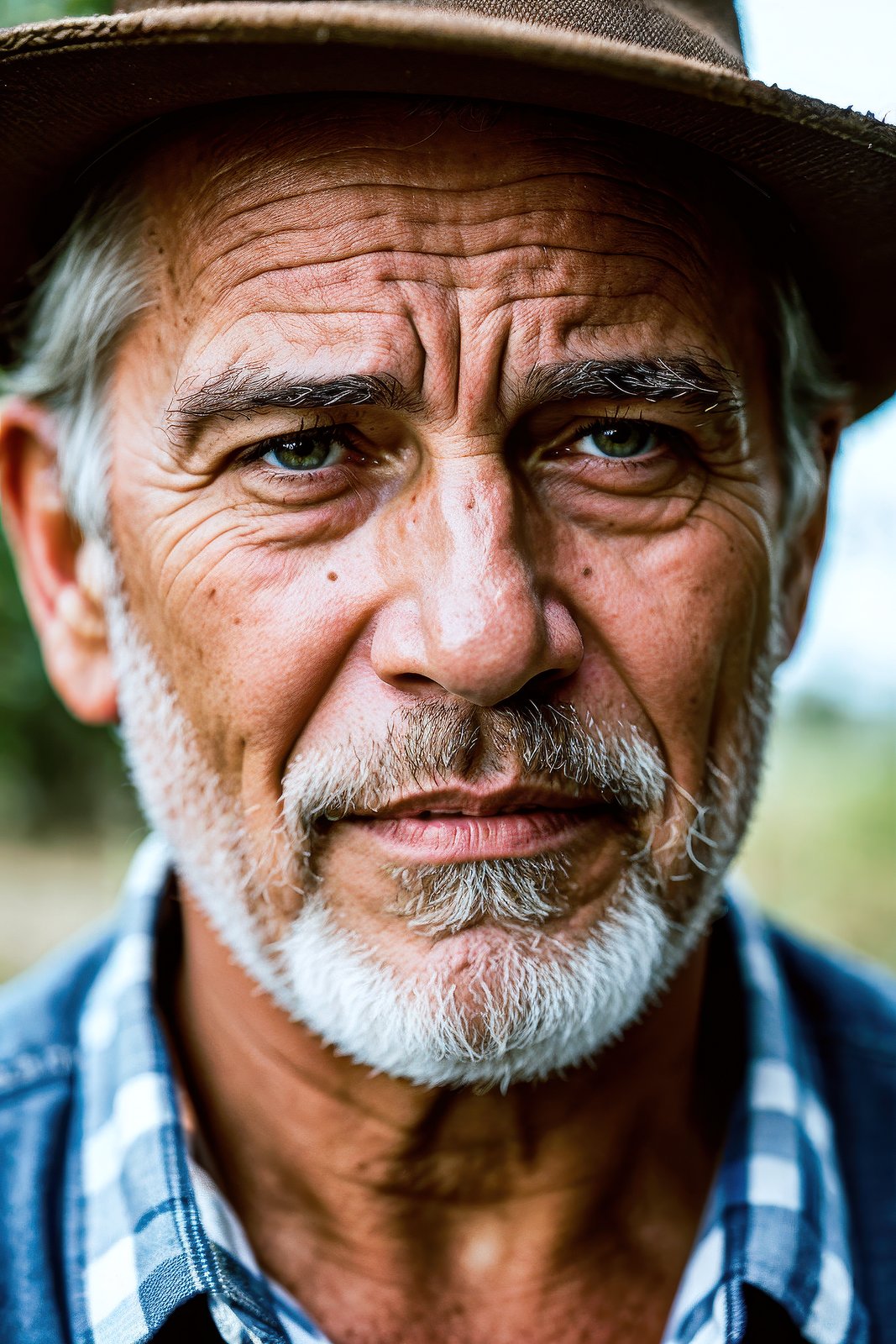 closeup portrait emotional photo of old man in rugged bluesman clothes, face, 8k uhd, high quality, film grain, looking at viewer, portrait, (skin pores:1.2), (moles:0.8), (imperfect skin:1.1)