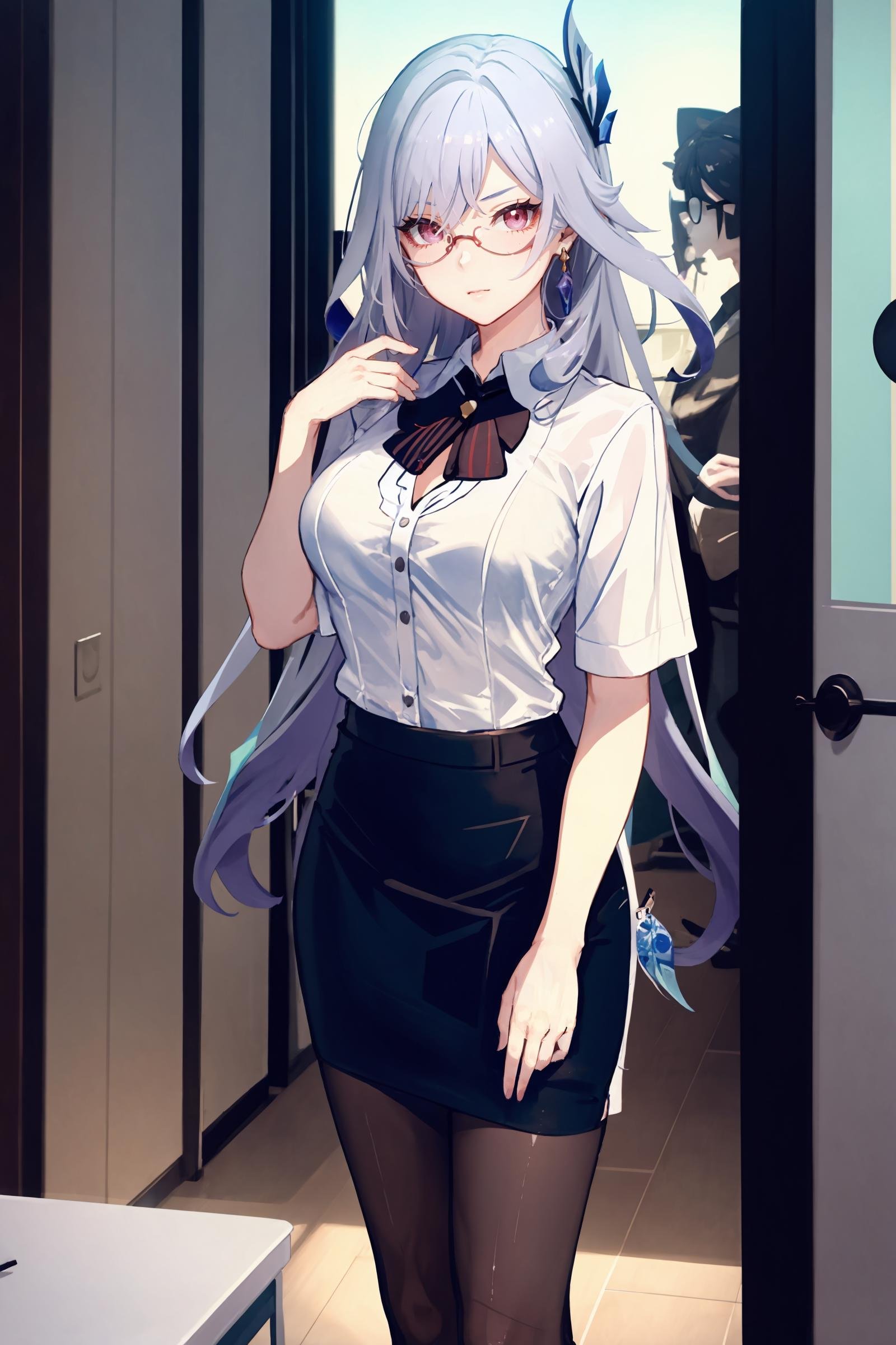 1girl, skirk \(genshin impact\), solo, office lady, white collared shirt, pencil skirt, pantyhose, glasses, glaring, looking at viewer, hand on eyewear, office, indoors, depth of field, masterpiece