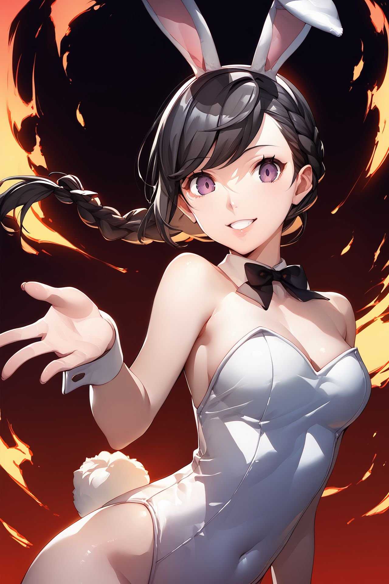 score_9, score_8_up, score_7_up, 1girl, kind smile, looking at viewer, black hair, side-swept_bangs, braid, dark_purple eyes, breasts, rabbit costume, Wild_Plantain \(flower\), fiery_background <lora:Soejima_Shigenori_PonyXL_style_v01:1>