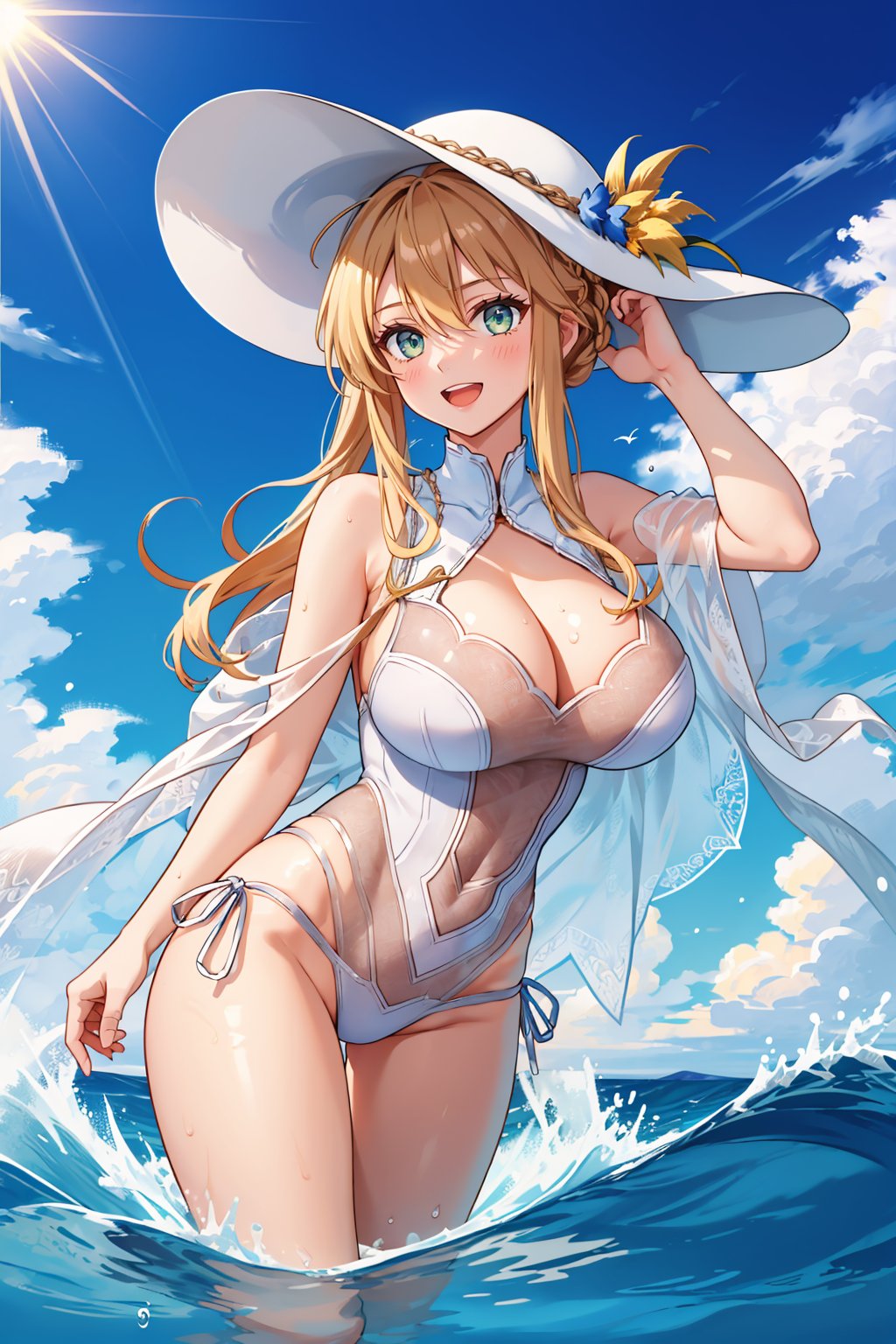 masterpiece, best quality, 1girl, <lora:artoriaruler-nvwls-v1-000009:0.9> 2ndruler, french braid, sun hat, white one-piece swimsuit, cleavage cutout, see-through, sarong, huge breasts, partially submerged, ocean, blue sky, waves, looking at viewer, :D