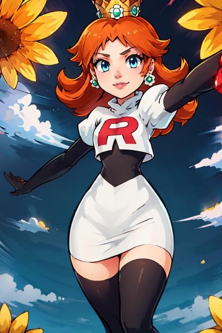 <lora:Cosplay_TeamRocket_v2:0.8>, ((masterpiece,best quality)), Cosplay_TeamRocket, white jacket, cropped jacket, white skirt, elbow gloves, black thighhighs, zettai ryouiki, 1girl, <lora:princessdaisy-lora-nochekaiser:1> princess daisy, blue eyes, long hair, orange hair, crown, daisy, dress, gem, smile,