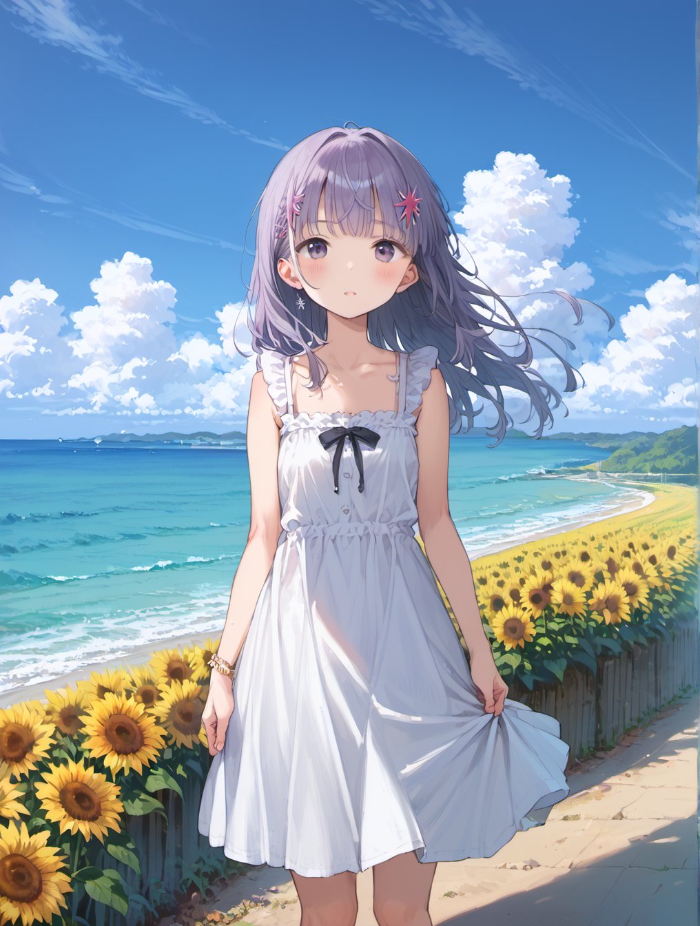 score_9, score_8_up, score_7_up,source_anime,BREAK uncensored,1girl,dress,Sunflower field at the tip of a high promontory with a view of the horizon, dynamic angle,cowboy shot, twilight,sea,cloud,blue sky,road