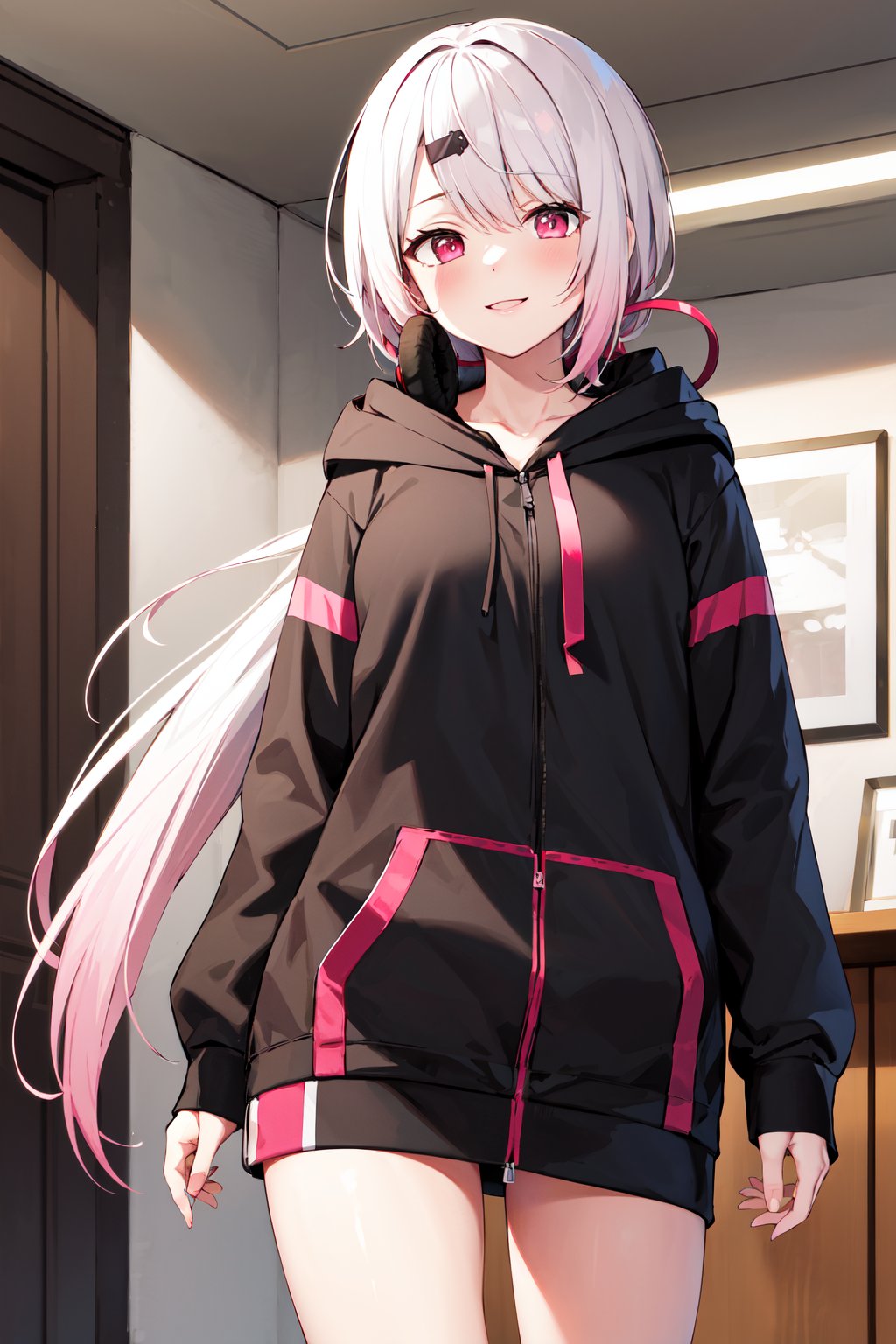 masterpiece, best quality, highres, ccyuika, very long hair, gradient hair, pink hair, white hair, low ponytail, hair ribbon, hairclip, headphones around neck, hood, black hoodie, long sleeves, bare legs, <lora:shiina_yuika_v1:0.7>, indoors, standing, cowboy shot, smile