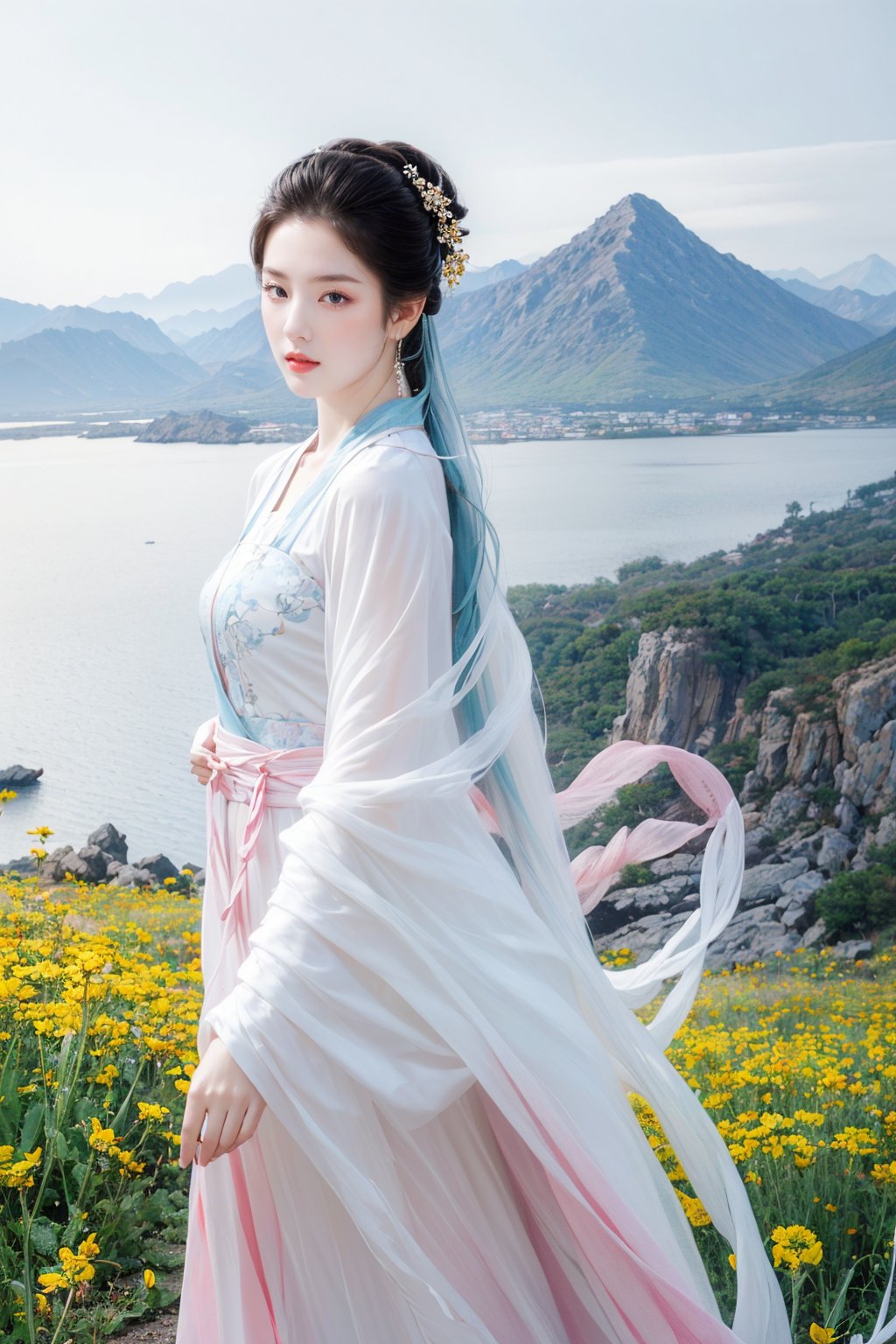 Realistic,masterpiece,best quality,8K,HDR,RAW,1girl,hanfu,((solo)),(Spring scenery, mountains in the distance, beautiful clouds, rape flower fields),(standing),large breasts,looking at viewer,<lora:add_detail:0.6>,<lora:GoodHands-beta2:1>,<lora:ENNE 氤氲国风_v4_08:1>,yinyunguofeng,