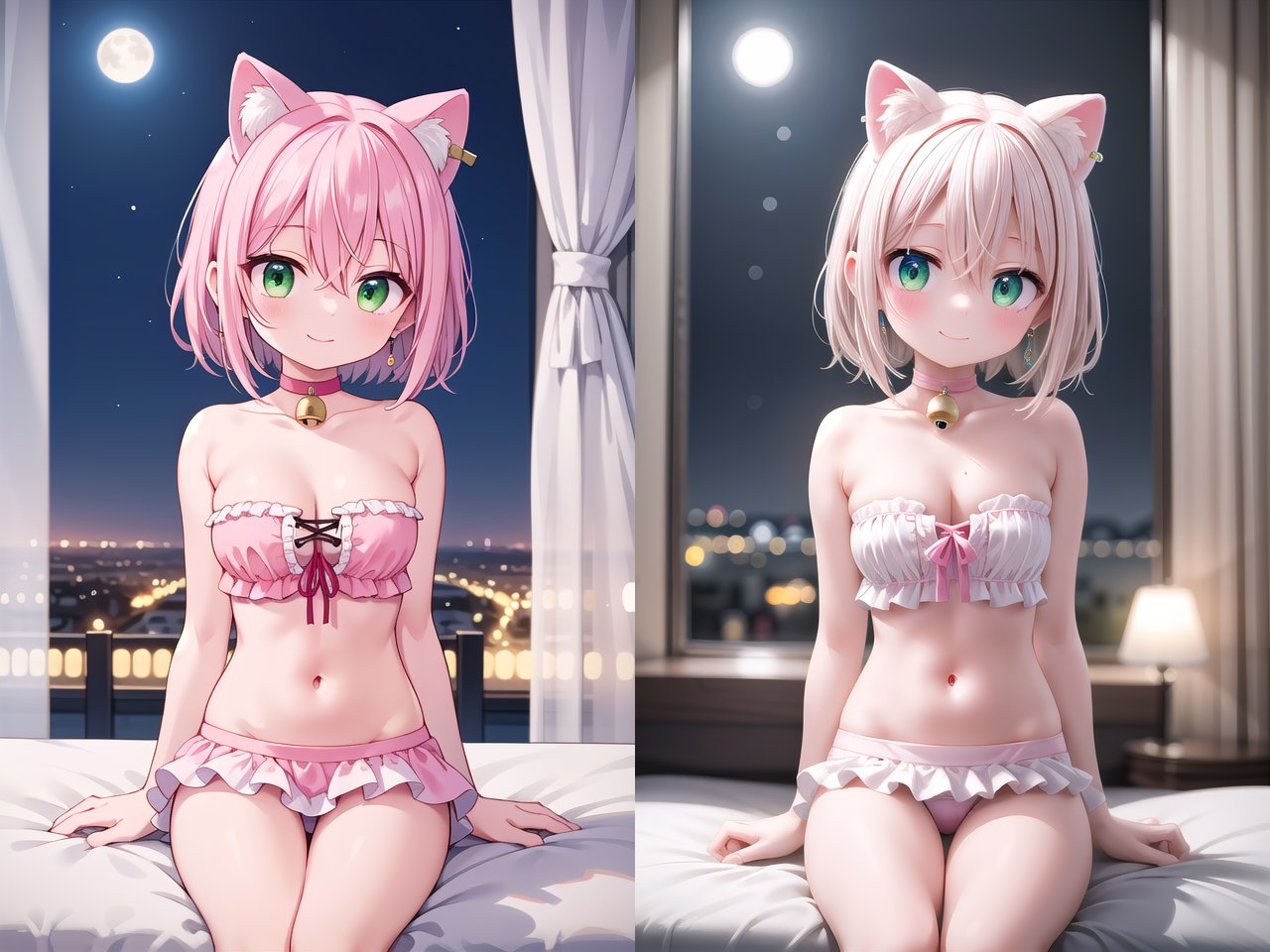 <lora:make25d_type5_v100:1>insanely detailed, absurdres, ultra-highres, ultra-detailed, best quality,1girl, solo, nice hands, perfect handsBREAK(nipples:-1), (pink and white theme:1.5), (fake pink cat ears:1.4), (tweed pink strapless short camisole with lace-up:1.4), ((bare shoulder, navel, bare belly):1.3),(shoulder strap with ruffles:1.4), (tweed micro pink tiered skirt with ruffles:1.4), (white pantyhose:1.2), (pink choker with bell:1.3),(earrings with bell:1.2), (pink heeled pumps:1.1),(nsfw:-1), (See-through:-1), (tail:-1), (cat:-1), (black camisole:-1), (white camisole:-1),(black skirt:-1), (white skirt:-1), (dark color pantyhose:-1), (long skirt:-1), (sleeve:-1)BREAKhappy smile, laugh, closed mouth,(sitting on bed), seductive pose, cowboy shot, from below,BREAKslender, kawaii, perfect symmetrical face, ultra cute girl, ultra cute face, ultra detailed eyes, ultra detailed hair, ultra cute, ultra beautifulBREAKindoors, elegant hotel room, bedroom, window, (day:-1), (night:1.3), star, moon, cityscape, (closed curtains:1.2), girlish room,warm lighting, moodie lighting, weak rim light, intensive shadow,cinematic light, indirect lighting, evening light, depth of field, ultra detailed backgroundBREAKlarge breasts, cleavage, extremely detailed navelBREAKgrey hair, green eyes, flipped hair, hair between eyes