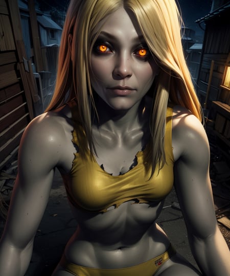 wtchl,long hair,blonde hair,grey skin,white eyes,horror \(theme\),serious,night,alley,(insanely detailed, beautiful detailed face,beautiful detailed eyes, masterpiece, best quality),solo,<lora:witchL4d:0.8>,