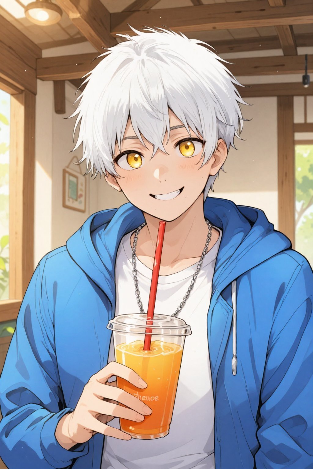 a handsome young man with short,  spiky white hair and golden-yellow eyes. He wears a casual blue hoodie over a white t-sh...