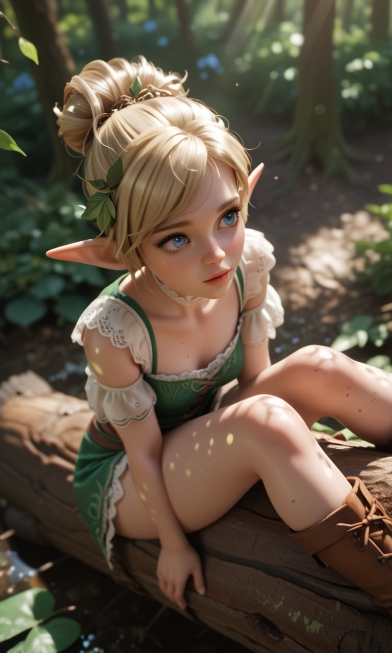 score_9, score_8_up, score_7_up, score_6_up, score_5_up, score_4_up, BREAK, 1girl, solo, elf girl, elf ears, pixie, sitting on log, forest, blue eyes,from above,looking up,ground,blonde hair,(dappled sunlight)1.2,blurry,depth of field, boots,leaf