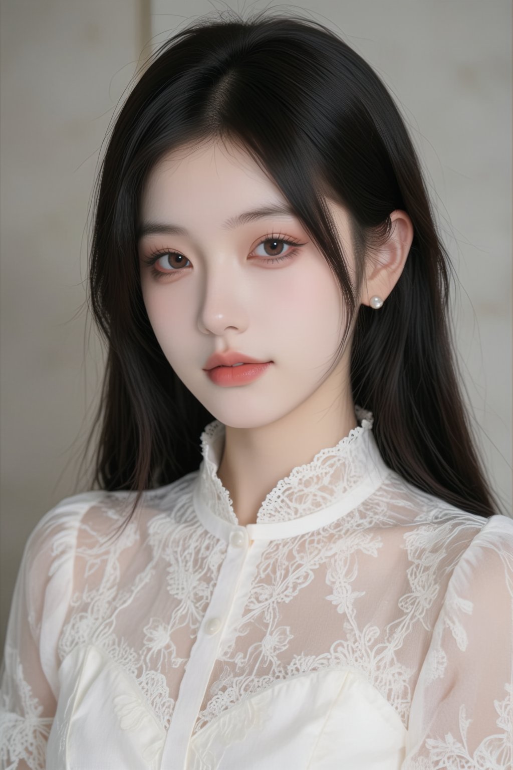 A photograph of a young Asian woman with fair skin and long,  straight black hair. She has delicate features,  wearing a w...