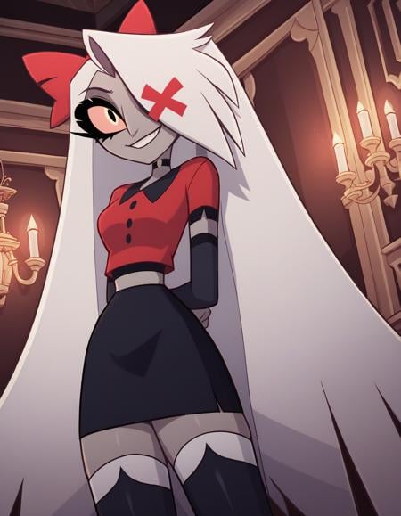 score_9, score_8_up, score_7_up, white hair, very long hair, hair bow, colored sclera, hair over one eye, red shirt, crop top, black skirt, thighhighs,indoors, wall, chandelier, dark background, 1girl, looking at viewer, standing, posing, smile, arms behind back, shrugging, strap gap, thighs, dutch angle, xvaggiex <lora:vaggie-hazbin:1>