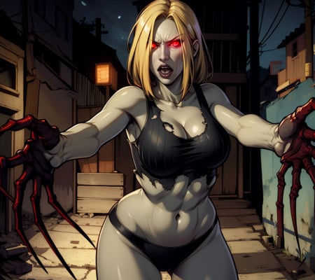 wtchl,blonde hair,red eyes,grey skin,open mouth,glowing eyes,cleavage,hair over one eye,crop top,torn clothes,underwear,looking at viewer,motion lines,standing,angry,black claws,black hands,reaching out,cowboy shot,horror \(theme\),night,alley,(insanely detailed, beautiful detailed face,beautiful detailed eyes, masterpiece, best quality),solo,<lora:witchL4d:0.9>,