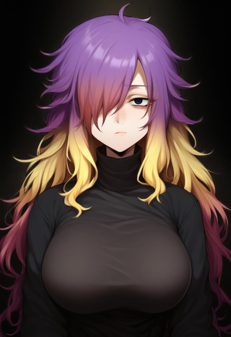 masterpiece,best,great,1girl,solo,large breasts,ambient composition,trmcstyle,(forsaken eyes:1.1),<lora:TerasuMc_v3_prod_wasabiya:1>,broken,hijiri byakuren,gradient hair,messy hair,hair over one eye,purple hair,blonde-tipped hair,