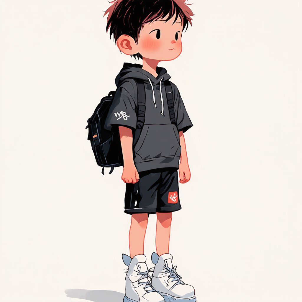 graffiti,solo,blush,short hair,simple background,black hair,long sleeves,1boy,white background,standing,full body,male focus,shoes,shorts,pants,hood,bag,black eyes,hoodie,animal,watermark,black shorts,black pants,cat,white footwear,backpack,hood down,drawstring,black cat,white hoodie,simple drawing,