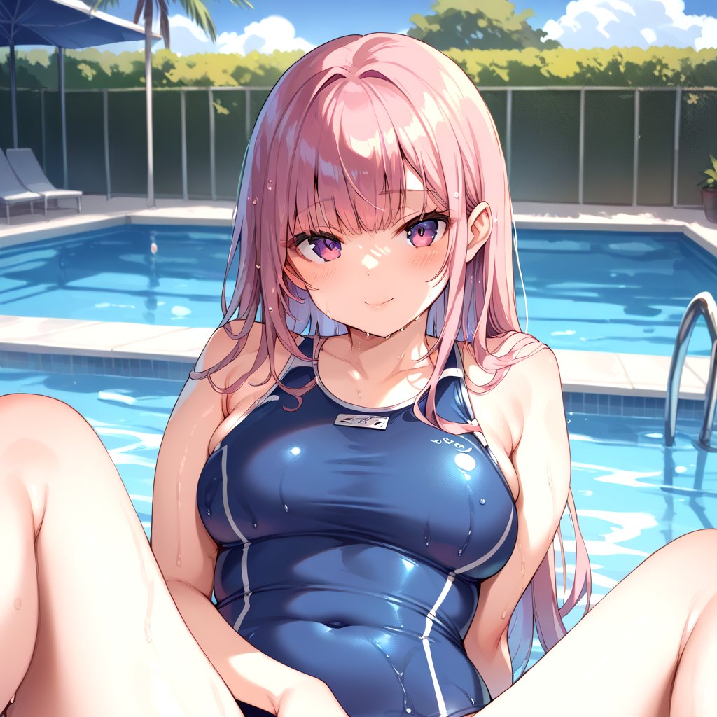 score_9, score_8_up, score_7_up,looking at viewer,poolside, depth of field, 1girl,, wet, spread legs, one-piece swimsuit, cameltoe, fat mons, 