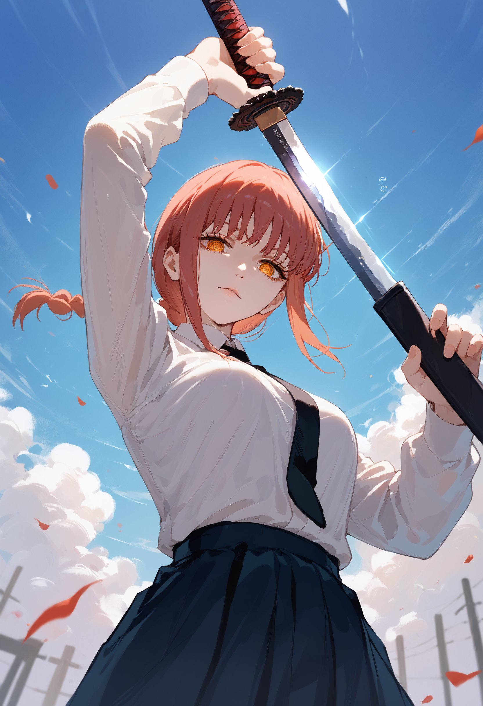 score_9, score_8_up, score_7_up, 1girl, holding sword unsheathing, makima \(chainsaw man\), from below, looking at viewer<lora:unsheathing_2_final:1>