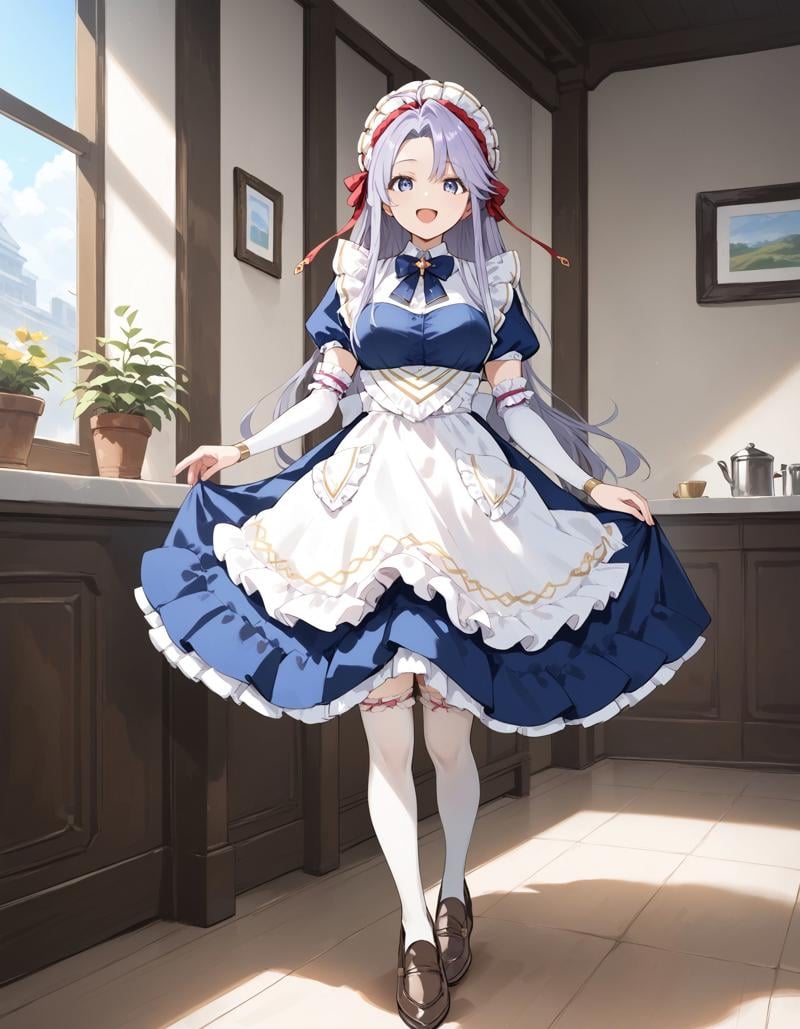 score_9, score_8_up, score_7_up, score_6_up, BREAK source_anime, best quality, masterpiece,1girl,<lora:tailtiu fehPonyXL:0.8>,maid tailtiu,bridal gauntlets,bowtie,dress,apron,thighhighs,loafers,full body,standing,smile,open mouth,looking at viewer