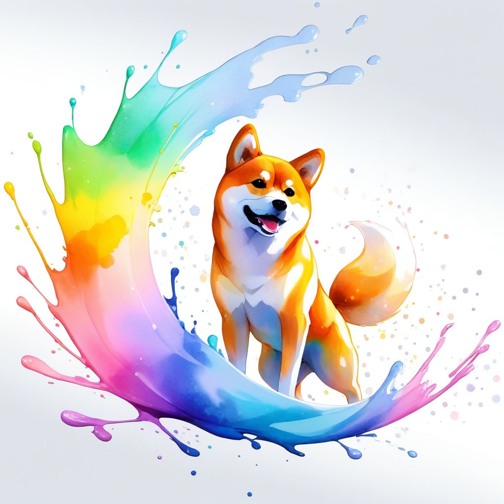 abstract, splash, vibrant, white background, lights, volumetric lighting, rainbow, abstract, paint, pastel, watercolor, particles, shiba inu,