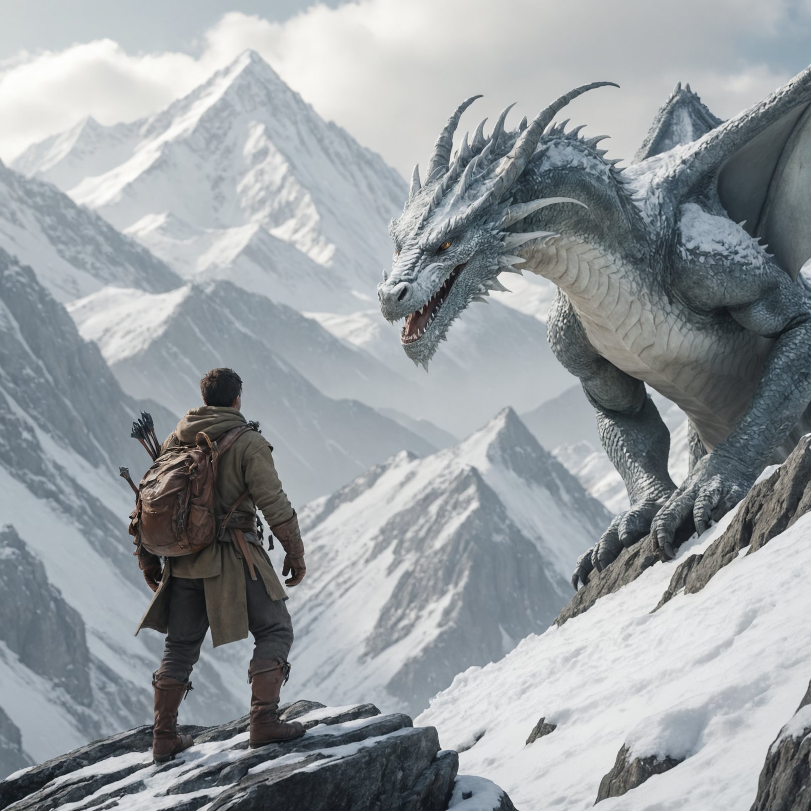 cinematic, a snowy mointain, a adventurer in the foreground, dragon on mountain in the background