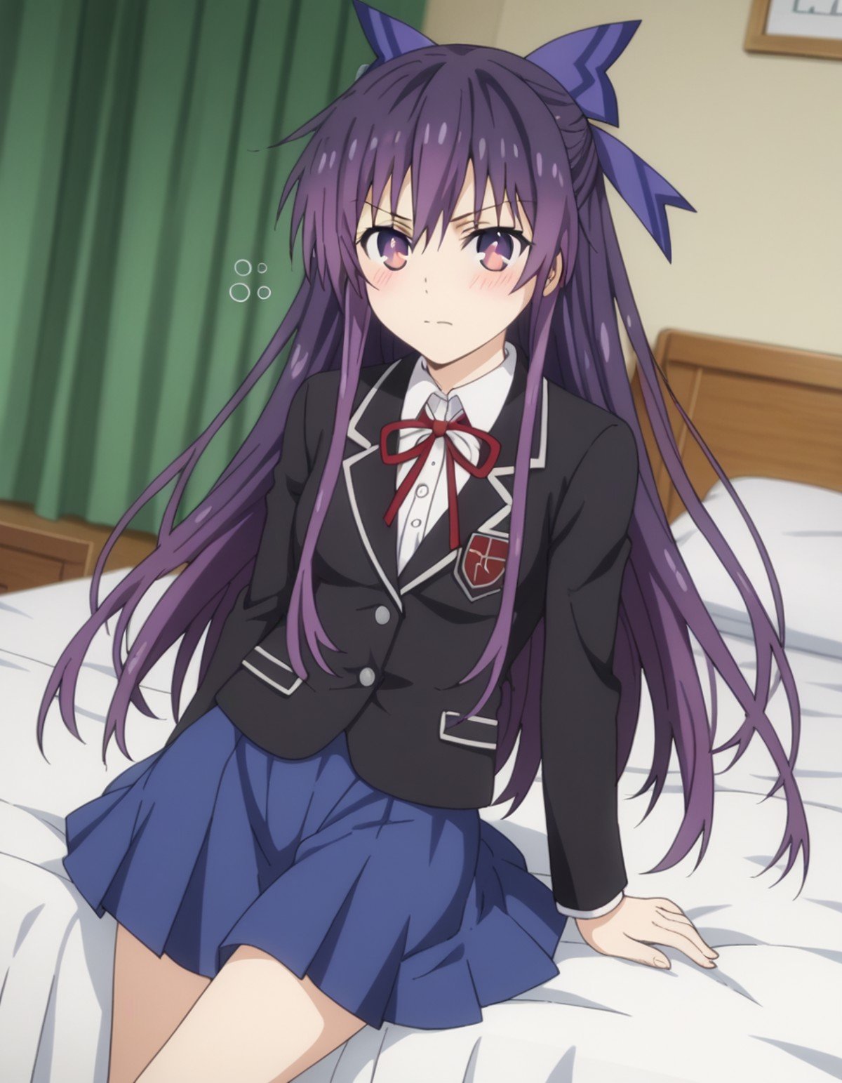 score_9, score_8_up, score_7_up, source_anime,tookayatogami, <lora:tooka-yatogami-s4s5-ponyxl-lora-nochekaiser:1>,tooka yatogami, hair ribbon, purple eyes, purple hair, long hair, ribbon,raizen high school uniform, school uniform, blazer, black blazer, skirt, blue skirt,indoors, bed, bed room, on side, blush, drunk,looking at viewer, solo, cowboy shot, dutch angle,