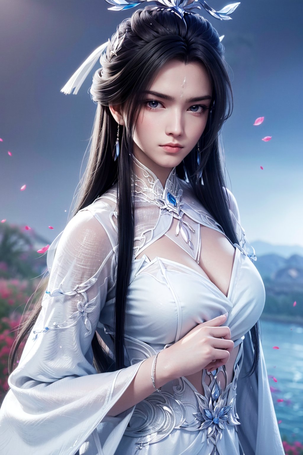 masterpiece,(best quality),official art,extremely detailed cg 8k wallpaper,(extremely delicate and beautiful),solo,realistic,photo_\(medium\),hiqcgbody,(upper body),1girl,chinese clothes,long sleeves,hair bun,forehead mark,long hair,facial mark,hair ornament,<lora:xueqi_d2:0.7>,