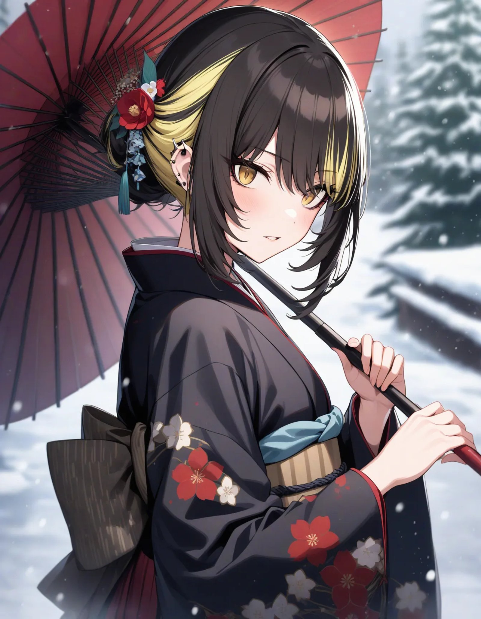 l_ikaruga, 1girl, solo, (short hair:1.1), twist updo, japanese clothes, kimono, black kimono, black hair, snowing, holding, hair ornament, oil-paper umbrella, multicolored hair, looking at viewer, sash, hair flower, snow, parted lips, piercing, ear piercing, yellow eyes, holding umbrella, flower, bangs, obi, outdoors, blonde hair, streaked hair, frills, long sleeves, sidelocks, wide sleeves, upper body, bow, hair between eyes, winter, tree, floral print, blurry, print kimono, back bow, blush, red flower, two-tone hair, blurry background depth of field, bokehmasterpiece, best quality, very aesthetic, absurdres<lora:a31_l_ikarugaXL:1>