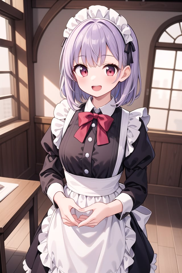 insanely detailed, absurdres, ultra-highres, ultra-detailed, best quality,1girl, solo, nice hands, perfect handsBREAK(cleavage:-1.5),(traditional maid:1.2),apron, blush, bow, bowtie, frilled apron, frills, long sleeves, maid, maid apron, maid headdress, waist apron, white apron,(maid costume, maid hair dress:1.3), long skirtBREAKhappy smile, laugh, open mouthBREAKfrom above,standing, cowboy shot, looking at viewerBREAKslender, kawaii, perfect symmetrical face, ultra cute girl, ultra cute face, ultra detailed eyes, ultra detailed hair, ultra cute, ultra beautifulBREAKfantasy world, in castle, indoors, antique interior, depth of field, ultra detailed backgroundBREAKmedium large breastsBREAK(purple hair, red eyes), medium hair, hime cut