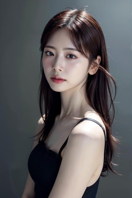 Best quality, masterpiece, ultra high res, (photorealistic:1.4), raw photo,1girl, solo, realistic, looking at viewer, close-up,simple background, black dress, brown hair, <lora:makina69_jiu_v1.0:1>