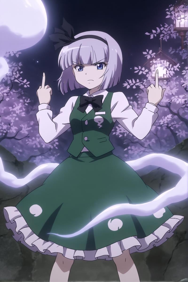 score_9, score_8_up, score_7_up,anime_source, source_anime, best background, detailed background, anime screencap,  Youmu, bow, bowtie, ghost, green skirt, hitodama, ribbon, serious, shirt, skirt, solo, vest, tsundere, angry, fuck finger, middle finger, looking back, dynamic camera,  outdoors, cherry blossom, soft particles, <lora:JN_Konpaku_Youmu:0.8>