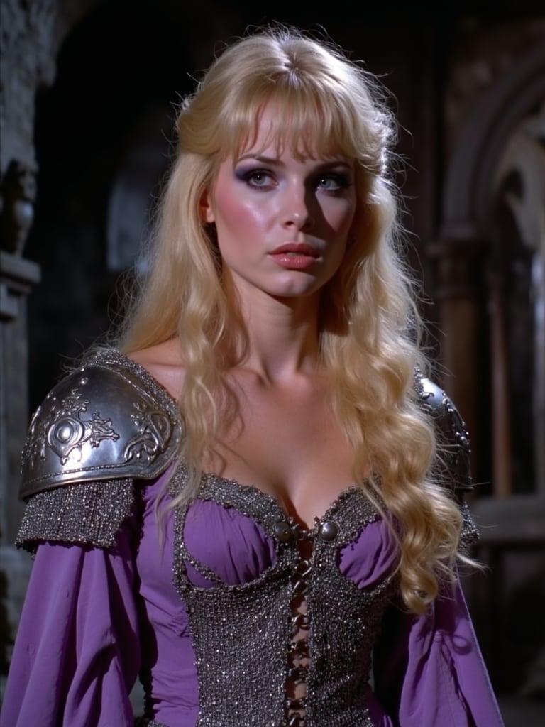 vntgfnts style, low quality, 1980s dvd movie screencap, cinematic, film grain, woman with long blonde hair and dark shaded eyes with striking gaze under eyelashes, she is wearing ornate but torn and deformed purple dress with silver edges and damaged chainmail armor over dress, dark and eerie atmosphere, dark fantasy, <lora:sxz-Vintage-Fantasy-Flux:1>