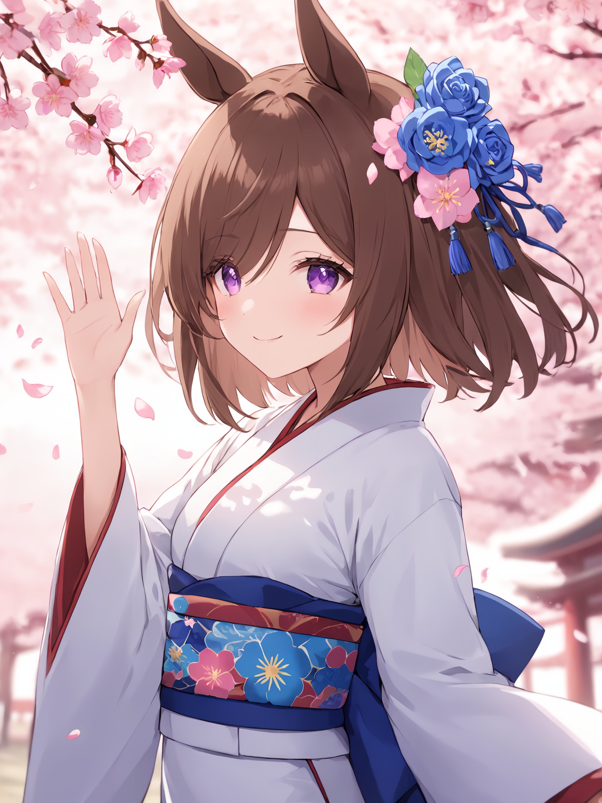 (masterpiece),(highest quality),highres,(an extremely delicate and beautiful),(extremely detailed),1girl, japanese clothes, solo, kimono, animal ears, horse ears, hair over one eye, brown hair, flower, purple eyes, sash, smile, obi, blush, wide sleeves, white kimono, rose, blue flower, blue rose, floral print, closed mouth, horse girl, long sleeves, print kimono, cherry blossoms, looking at viewer, upper body, petals, hair flower, hat, bangs, blurry, arm up, blurry foreground, tilted headwear, depth of field, hair ornament, short hair, one eye covered, hand up, eyebrows visible through hair, long hair, blurry background, pink flower, alternate costume