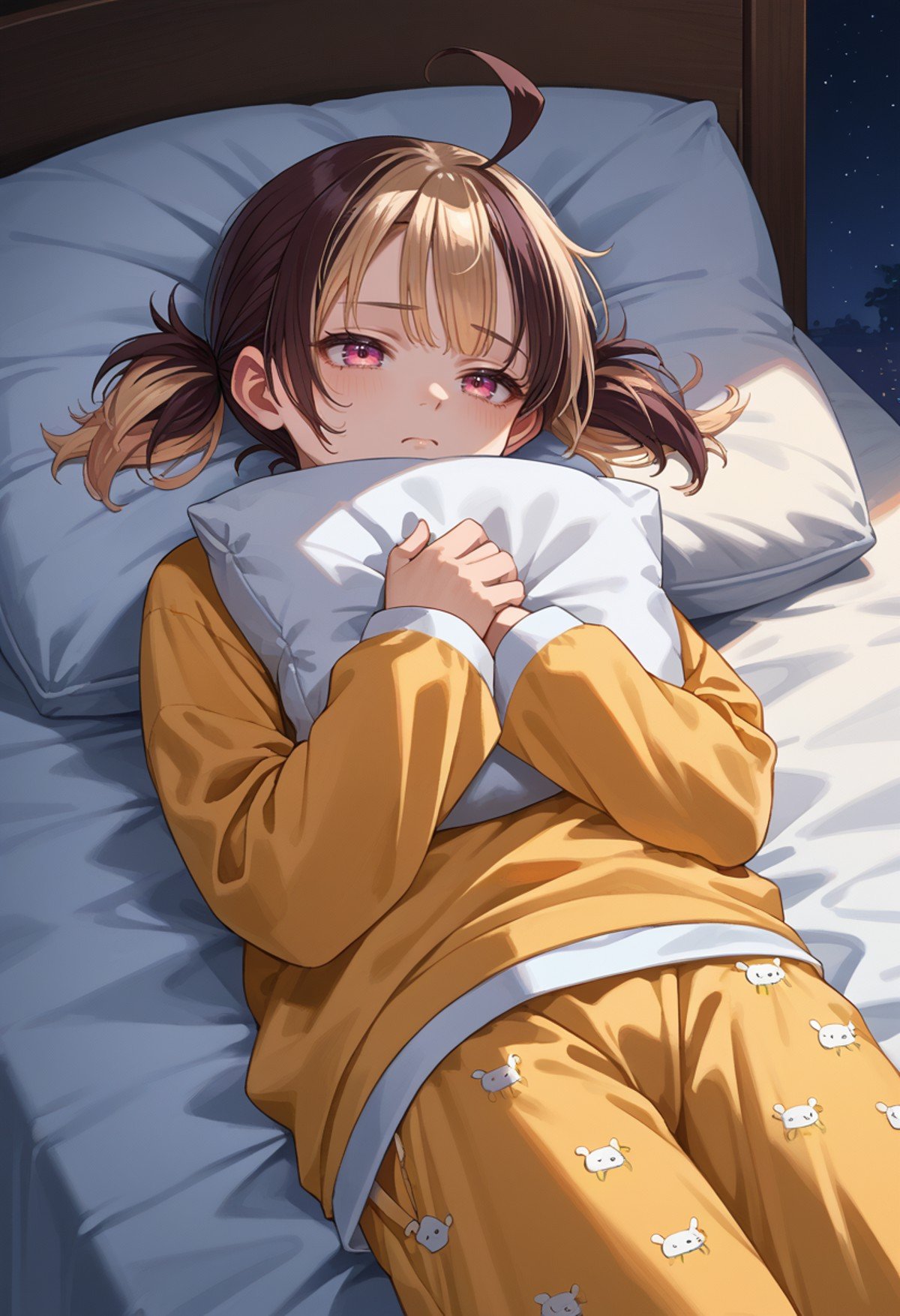 score_9, score_8_up, source_anime, 1girl, solo, GigiMurin, multicolored hair, short twintails, ahoge, on bed, sleepwear, pajamas, night, tired, on back, lying, pillow hug, pillow, <lora:ChamGigiMurinPonyXL:1>