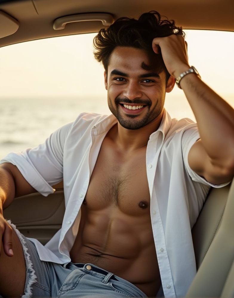 tovino thomas ,  male focus. shirtless smiling. editorial. empathetic eyes. sitting in the passenger seat of a car. natura...