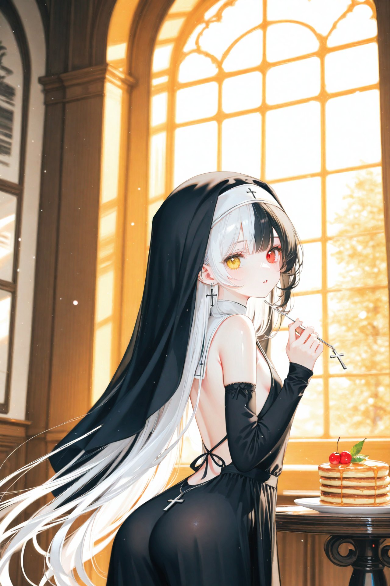 masterpiece,best quality,illustration,ultra detailed,hdr,Depth of field,(colorful),[iumu],[Artist chen bin],1girl,multicolored hair,split-color hair,solo,cross,food,long hair,black hair,ass,two-tone hair,white hair,heterochromia,looking at viewer,jewelry,pancake,holding,earrings,fruit,window,red eyes,very long hair,orange eyes,nun,breasts,plate,detached sleeves,yellow eyes,habit,backless outfit,looking back,cross necklace,small breasts,indoors,parted lips,veil,cross earrings,from side,