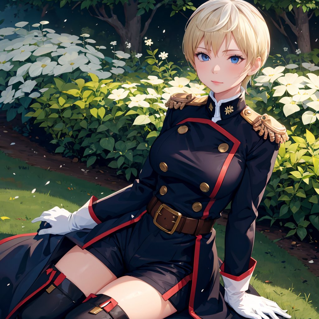 tenkaizumo, mature female, mature face, hair ornament, military uniform, coat, black shorts, epaulettes, brown belt, thigh boots, white gloves, day, ambient lighting, garden, <lora:IzumoTenkaV2:0.8>