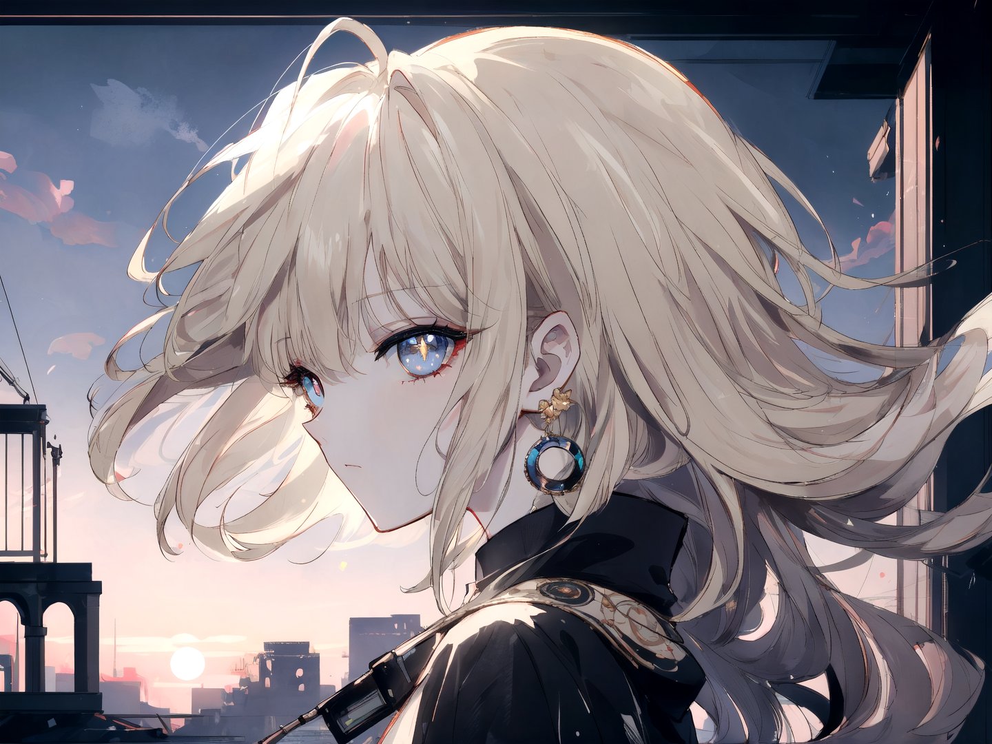 {{masterpiece}},illustration,best quality,extremely detailed CG unity 8k wallpaper,original,high resolution,oversized documents,portrait,{{{{{extremely delicate and beautiful girl}}}}},1girl,solo,messy hair,hair flowing in the wind,blonde hair,very long hair,beautiful detail eyes,jewel eyes,glowing circle pupils,{{golden eyes}},good lighting,{{{{ray tracing}}}},sparkling,{{abandoned building}},{{on ruins}},{{staring at sunset at dusk}},depth of field,profile,Glassmorphism,light leaks,