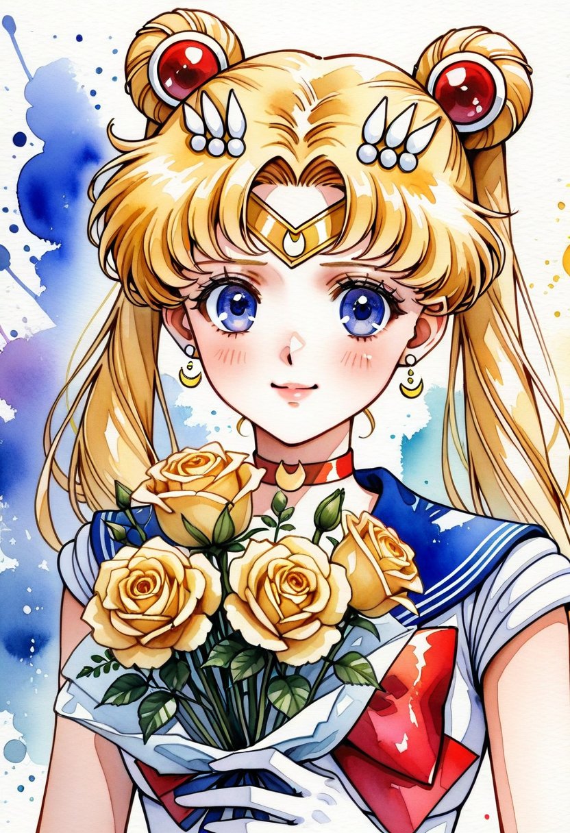 w4tercol0r,  watercolora detailed portrait of sailor moon smiling,  holding a bouquet of yellow roses by Ikki de Fénix on...