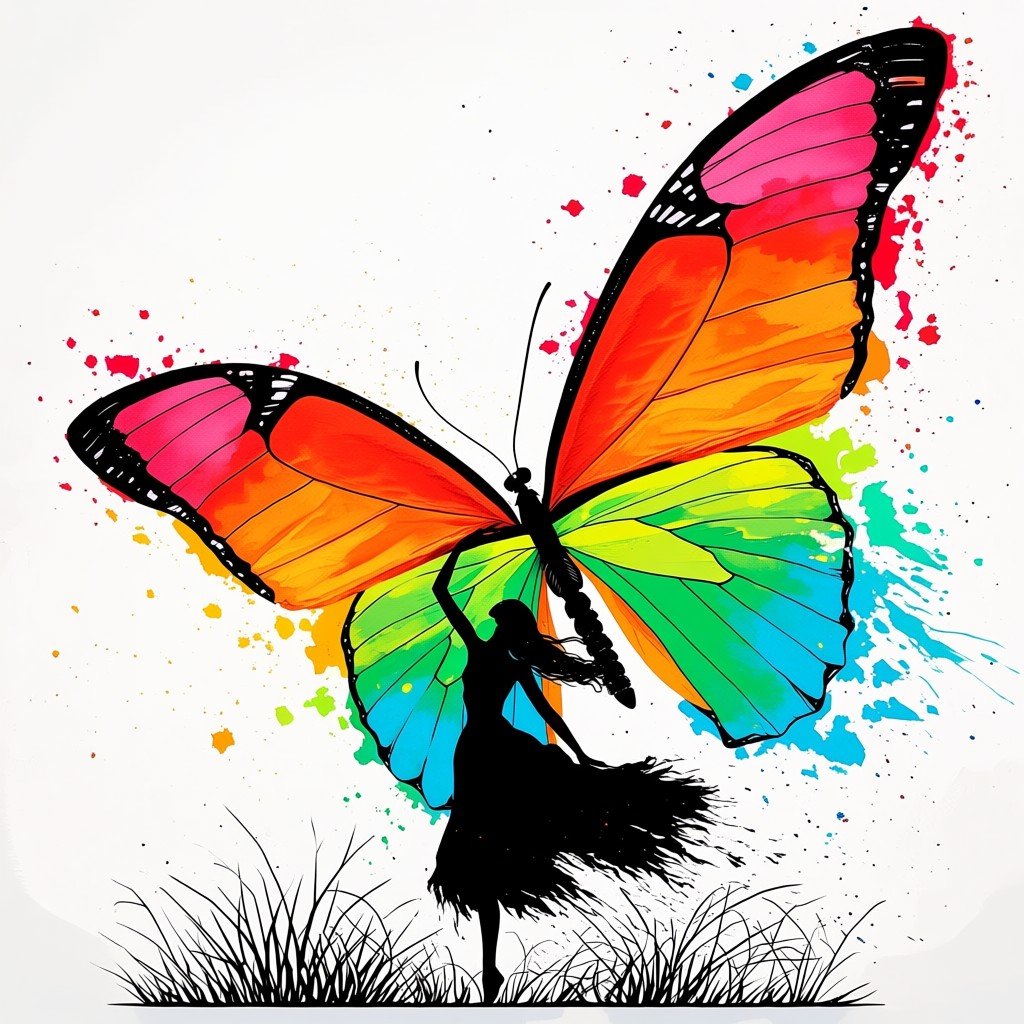 digital art,  watercolor style,  silhouette of a woman with flowing dress holding a large colorful butterfly by inknoir on...