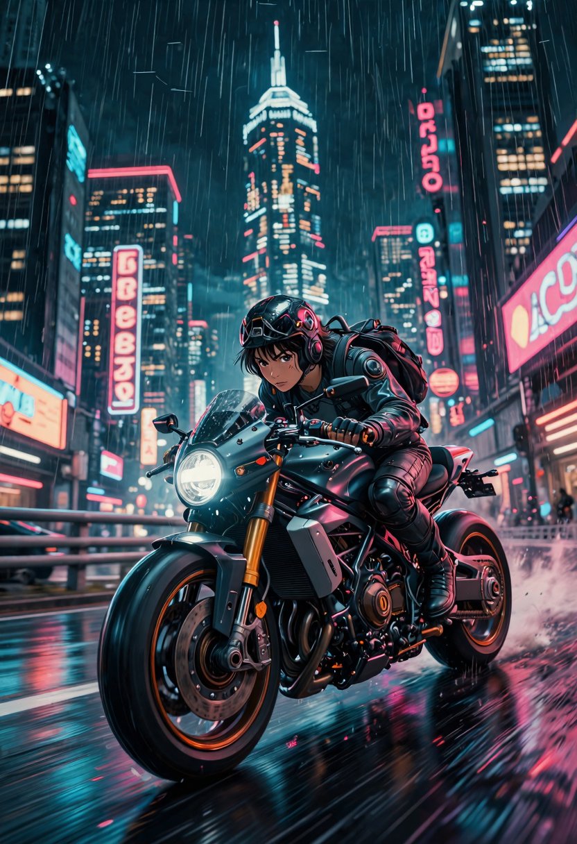 masterpiece,  futuristic motorcycle speeding through a neon highway at night,  rain by Electric Dreams on Tensor.Art