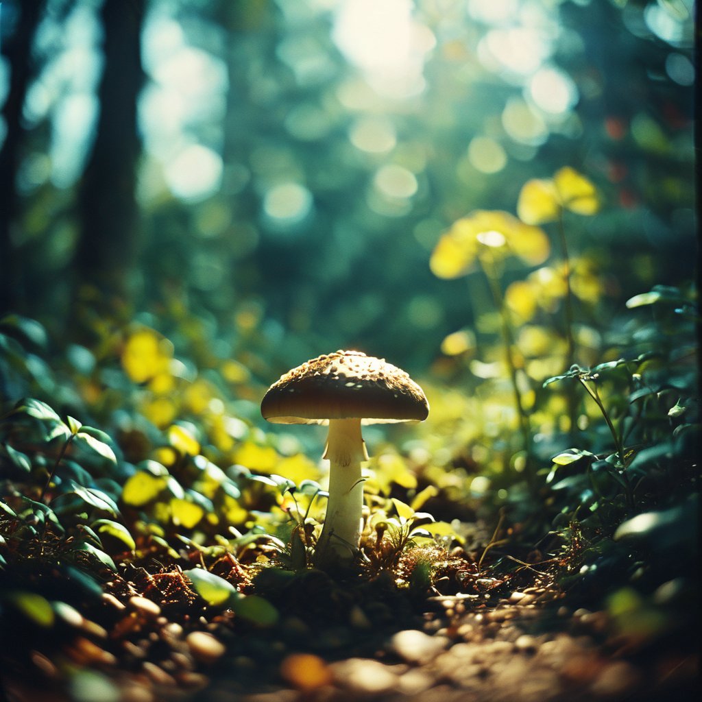 a mushroom in a garden   <lora:Toy_Camera:0.8>,  film, bokeh, professional, blur, lomo