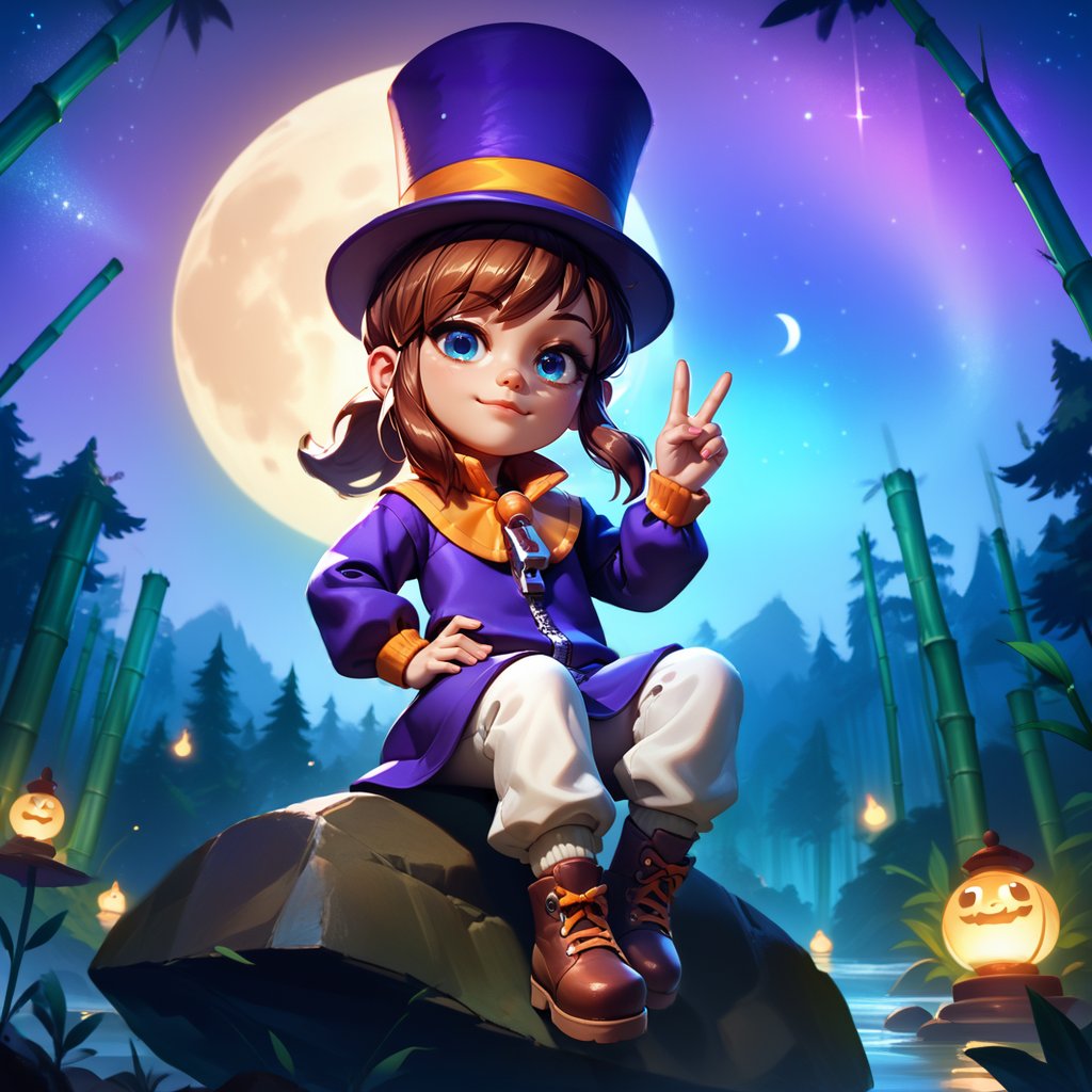 <lora:hatkid:1>,1girl,solo,hat-kid,brown hair,sidelocks,ponytail,blue eyes,purple top hat,purple dress,zipper pull tab,white pants,brown footwear,bamboo forest,night,night sky,star \(sky\),moon,full body,looking at viewer,hand up,v,hand on own hip,sitting on rock,swinging legs,smile,closed mouth,giggling,, score_9, score_8_up, score_7_up, perfect anatomy, source_anime, zPDXL2,