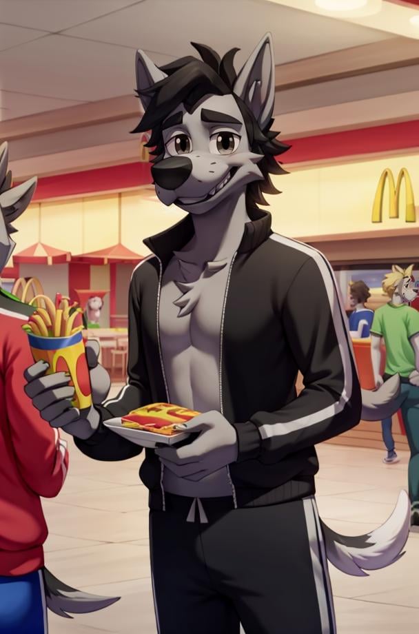 NuPogodiNewWolf, (chest tuft, black tracksuit, tail, teeth), (indoor, standing, mcdonald's restaurant, ordering food, crowd, crowded), (masterpiece:1.2), hires, ultra-high resolution, 8K, high quality, (sharp focus:1.2), clean, crisp, cinematic, <lora:Vlk-v1:0.7>