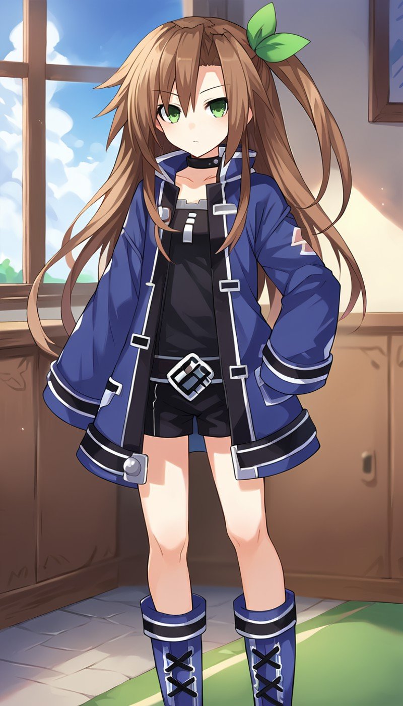 score_9, score_8_up, score_7_up, score_6_up, score_5_up,  source_anime, 1girl, solo, brown hair, long hair, green eyes, green bow, ribbon, one side up, choker, blue jacket, collar, boots, black shorts, black shirt, standing, looking at viewer, dutch angle, cowboy shot, indoors, <lora:IF_Neptunia_PonyXL:0.8>, IF \(neptunia)\