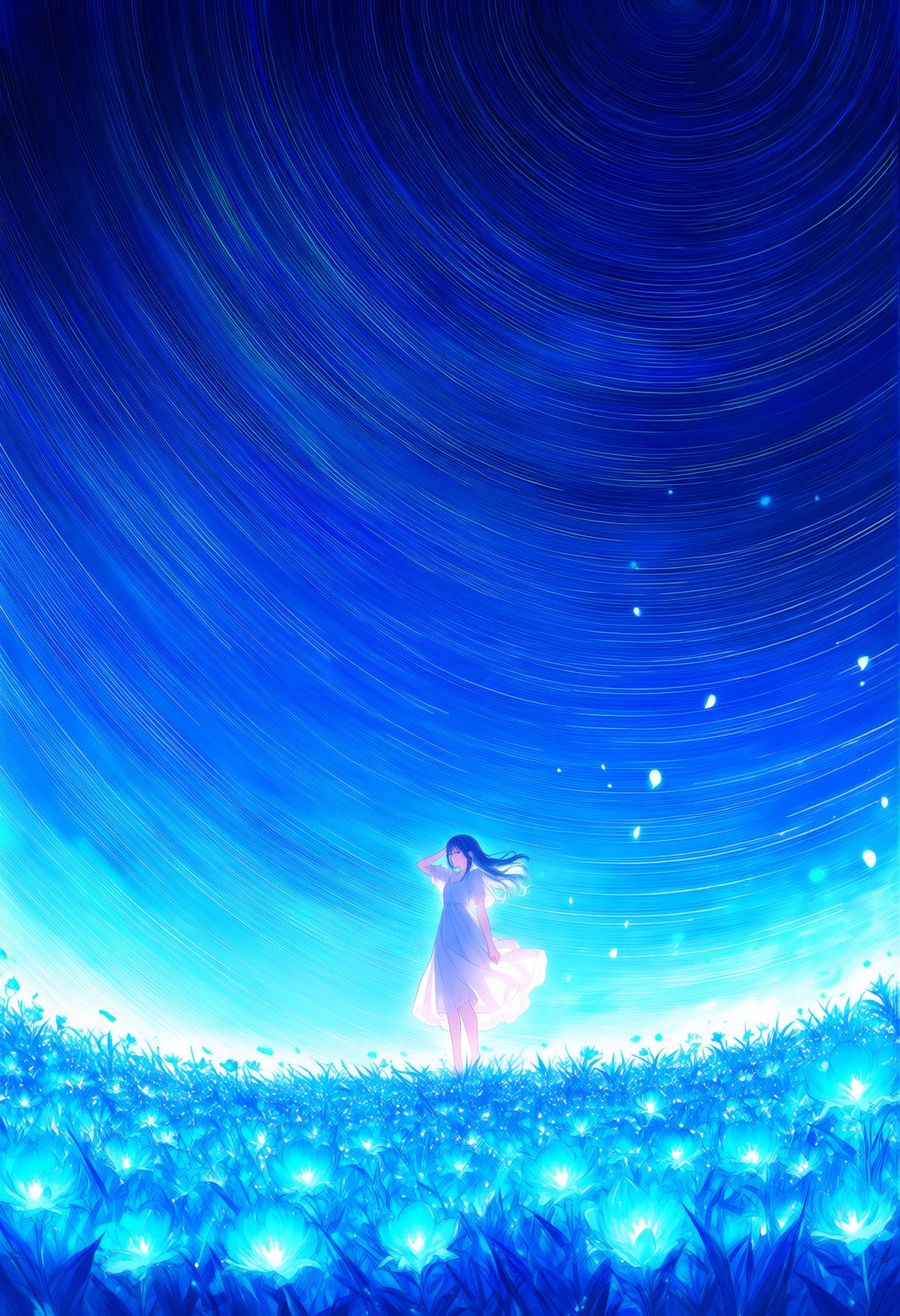 lumenstyle,  a girl in a white dress standing in a field of glowing blue flowers under a vast starry sky,  wind in her hai...