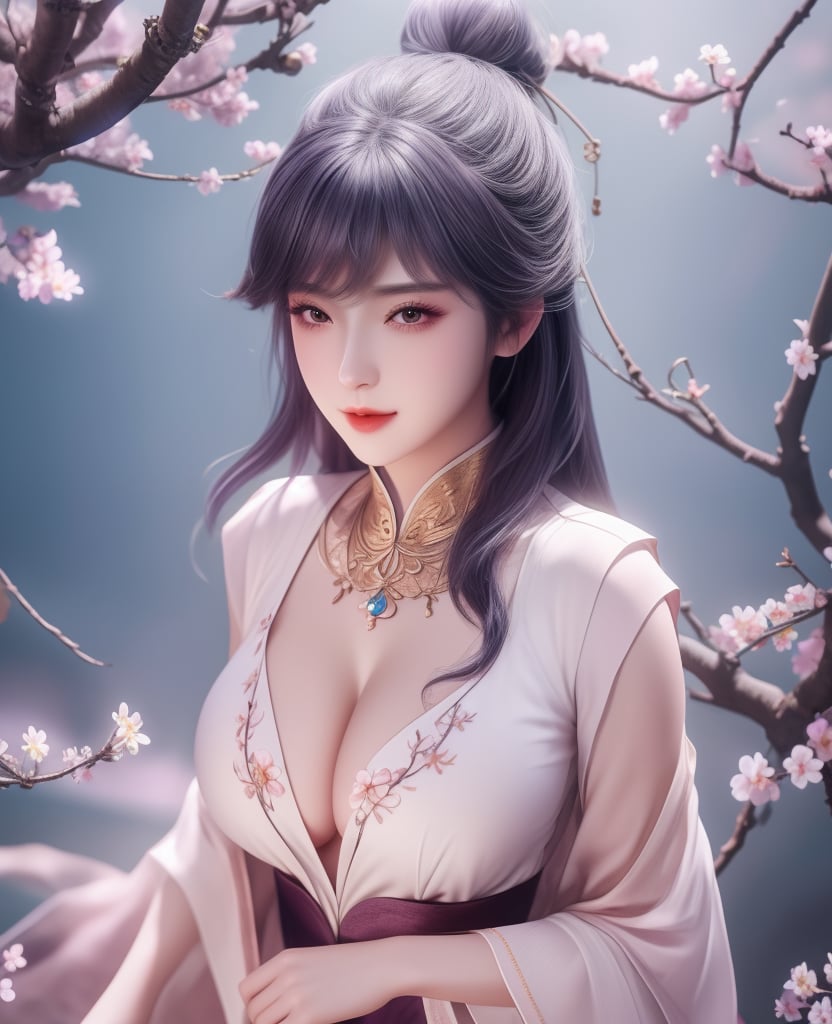 <lora:斗罗大陆-唐舞桐-海神缘:0.8> (,1girl, ,best quality, ),looking at viewer,  ,ultra detailed background,ultra detailed background,ultra realistic 8k cg,, ,masterpiece, (( , )),, ,   plum blossoms,    ,,  (cleavage), (), ,,