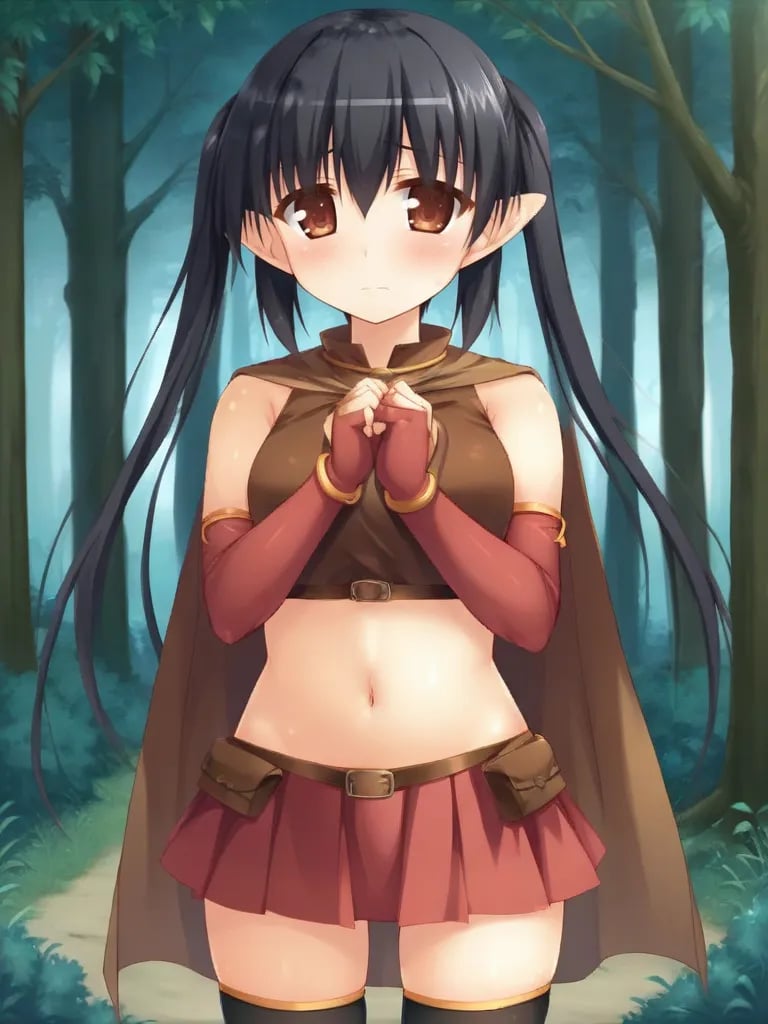 <lora:lucheforforestpony:0.8>1girl, solo, luceeoff black hair, twintails, brown eyes, pointy ears, brown croptop, sleeveless, navel, cape, elbow gloves, fingerless gloves, skirt, miniskirt, thighhighs, standing, outdoors, forest, cowboy shot, looking at viewer, nervous